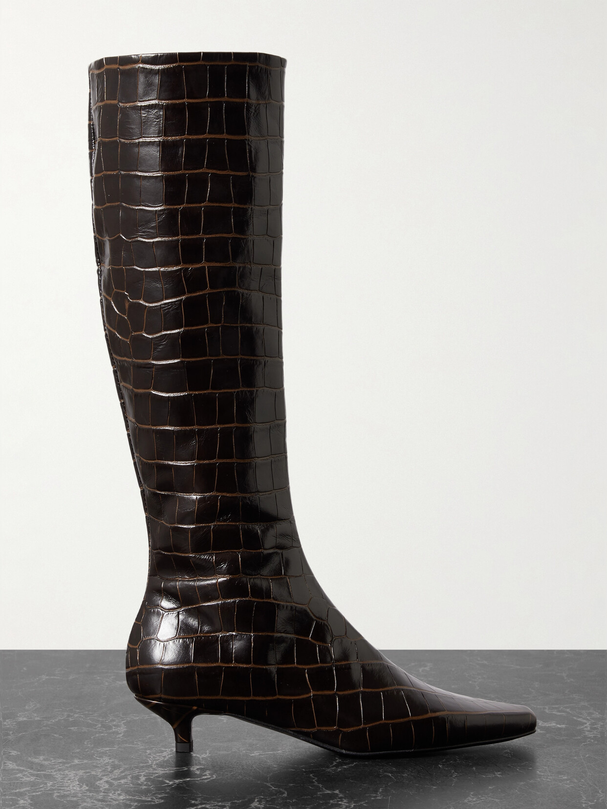 Shop Totême + Net Sustain The Slim Croc-effect Leather Knee Boots In Brown