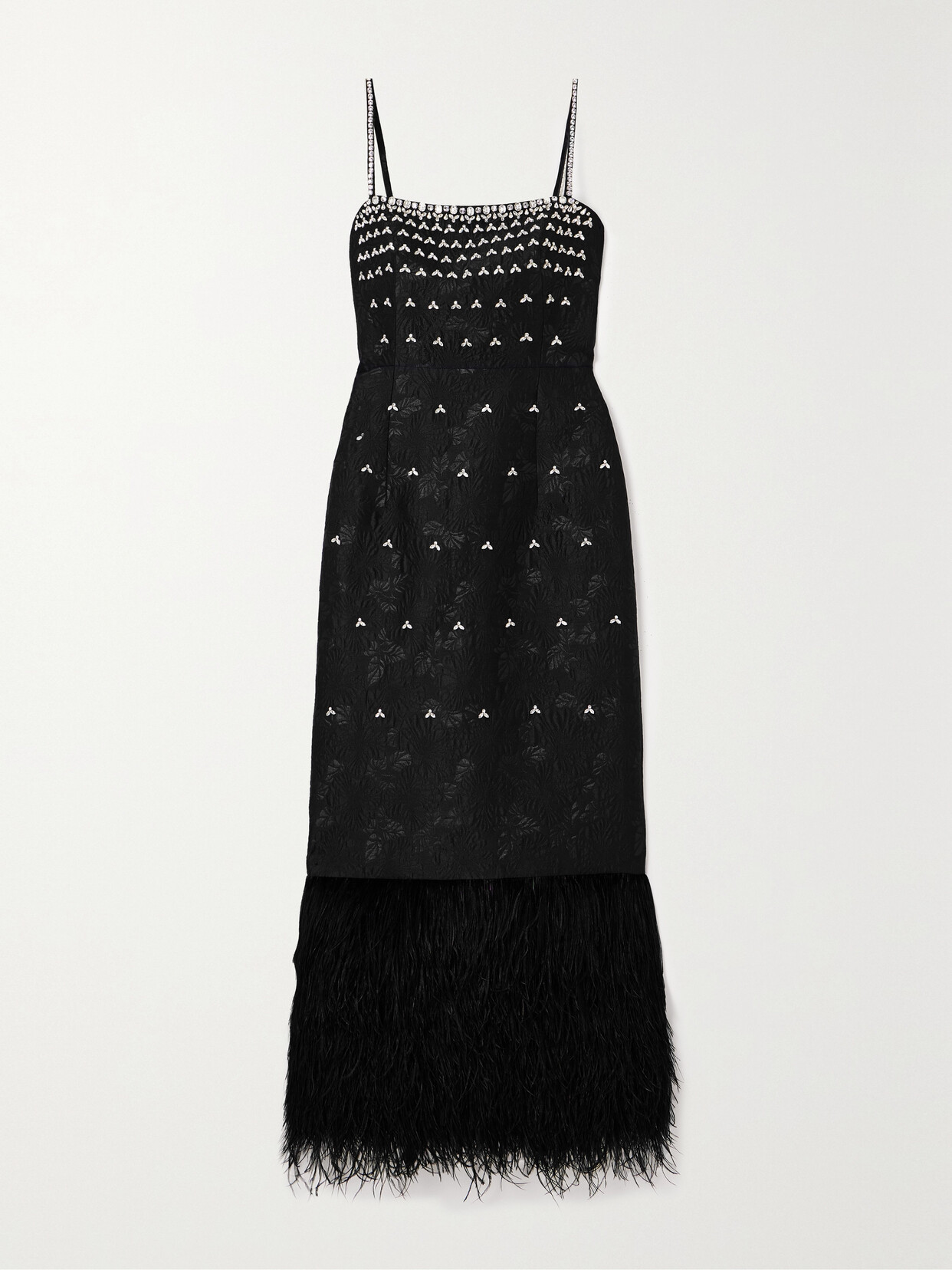 Shop Huishan Zhang Astra Feather-trimmed Crystal-embellished Cloqué Midi Dress In Black