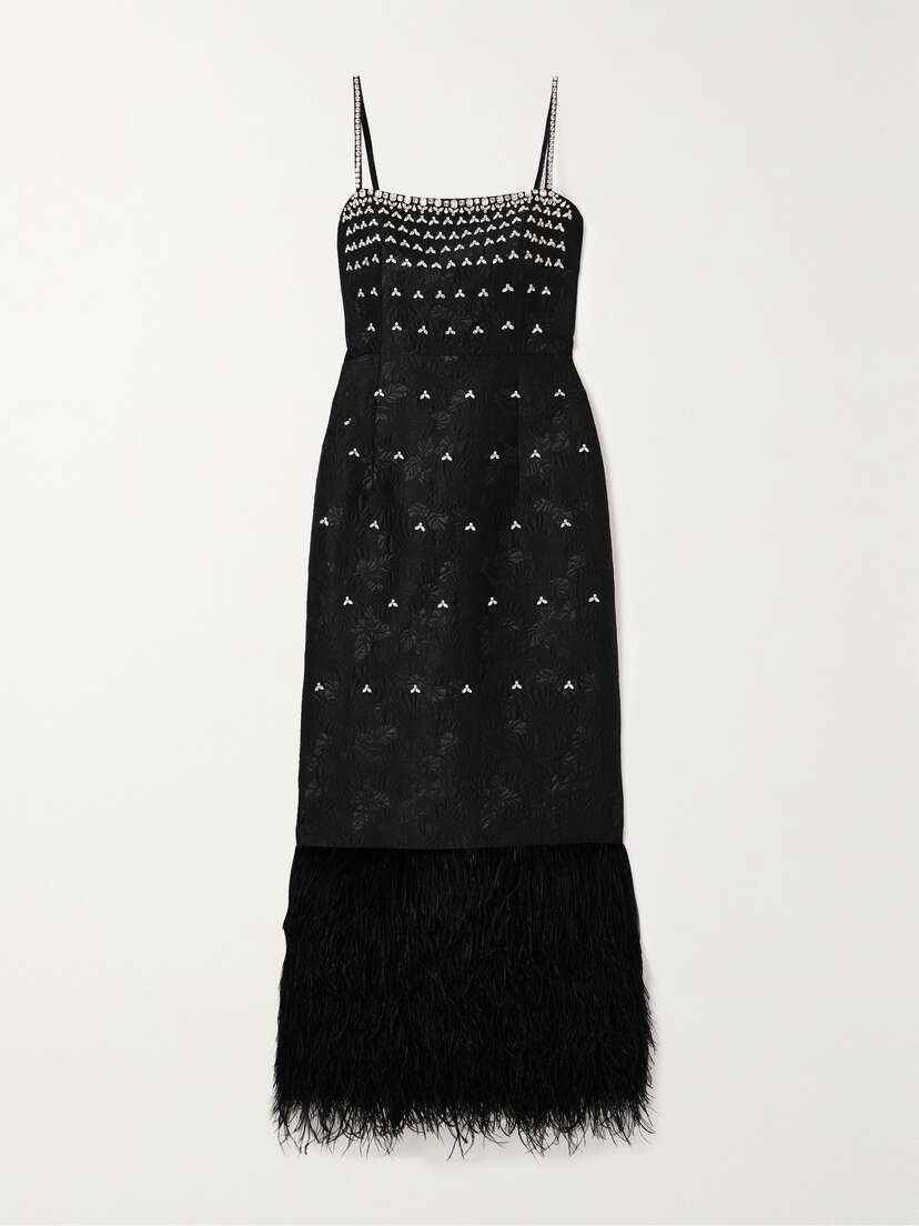 Huishan Zhang Astra Feather-trimmed Crystal-embellished Cloqué Midi Dress - UK 12