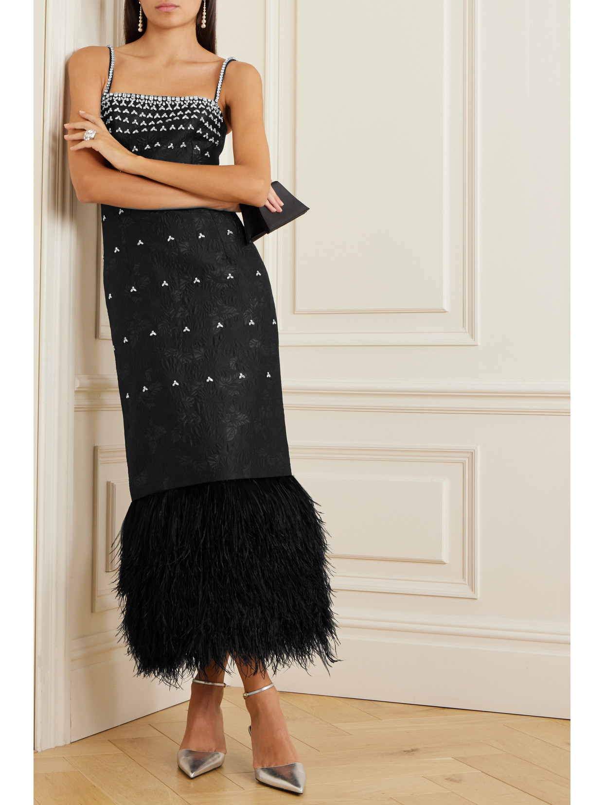 Shop Huishan Zhang Astra Feather-trimmed Crystal-embellished Cloqué Midi Dress In Black