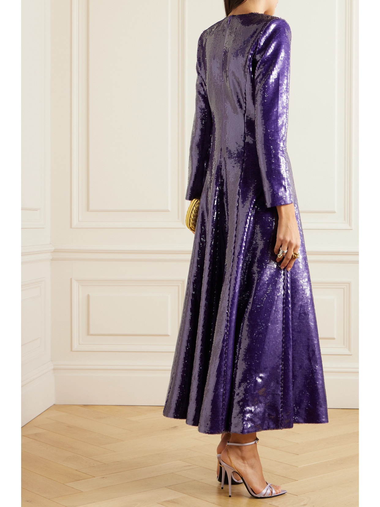 Shop Huishan Zhang Andy Pleated Sequined Satin Maxi Dress In Purple