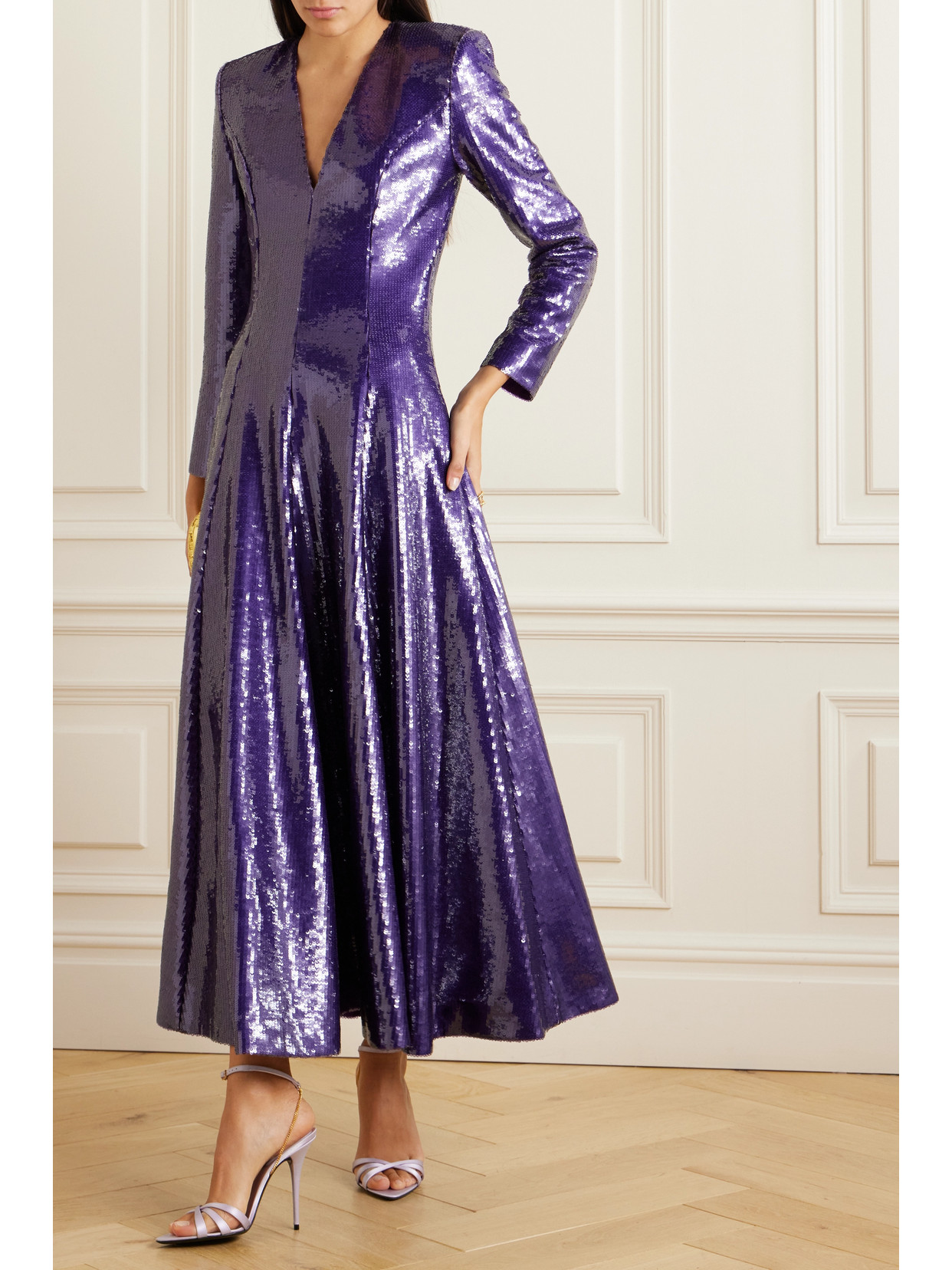 Shop Huishan Zhang Andy Pleated Sequined Satin Maxi Dress In Purple