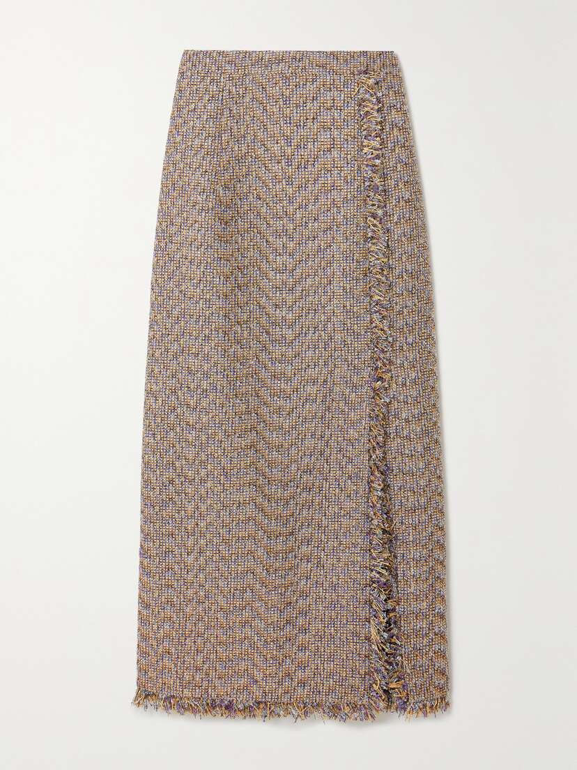 Huishan Zhang Gia Wrap-effect Fringed Metallic Tweed Midi Skirt - UK 16