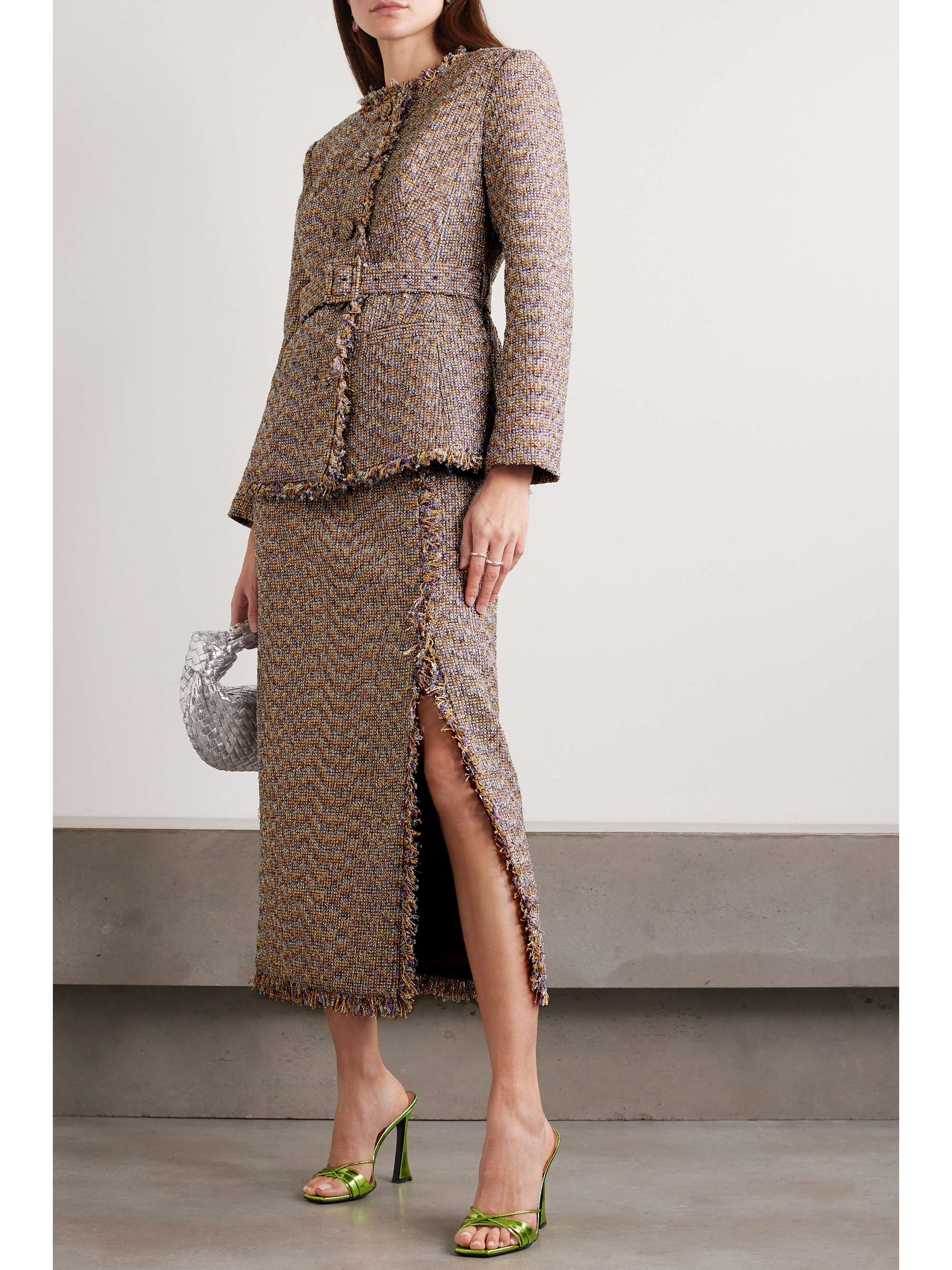 HUISHAN ZHANG Gia frayed metallic tweed midi skirt