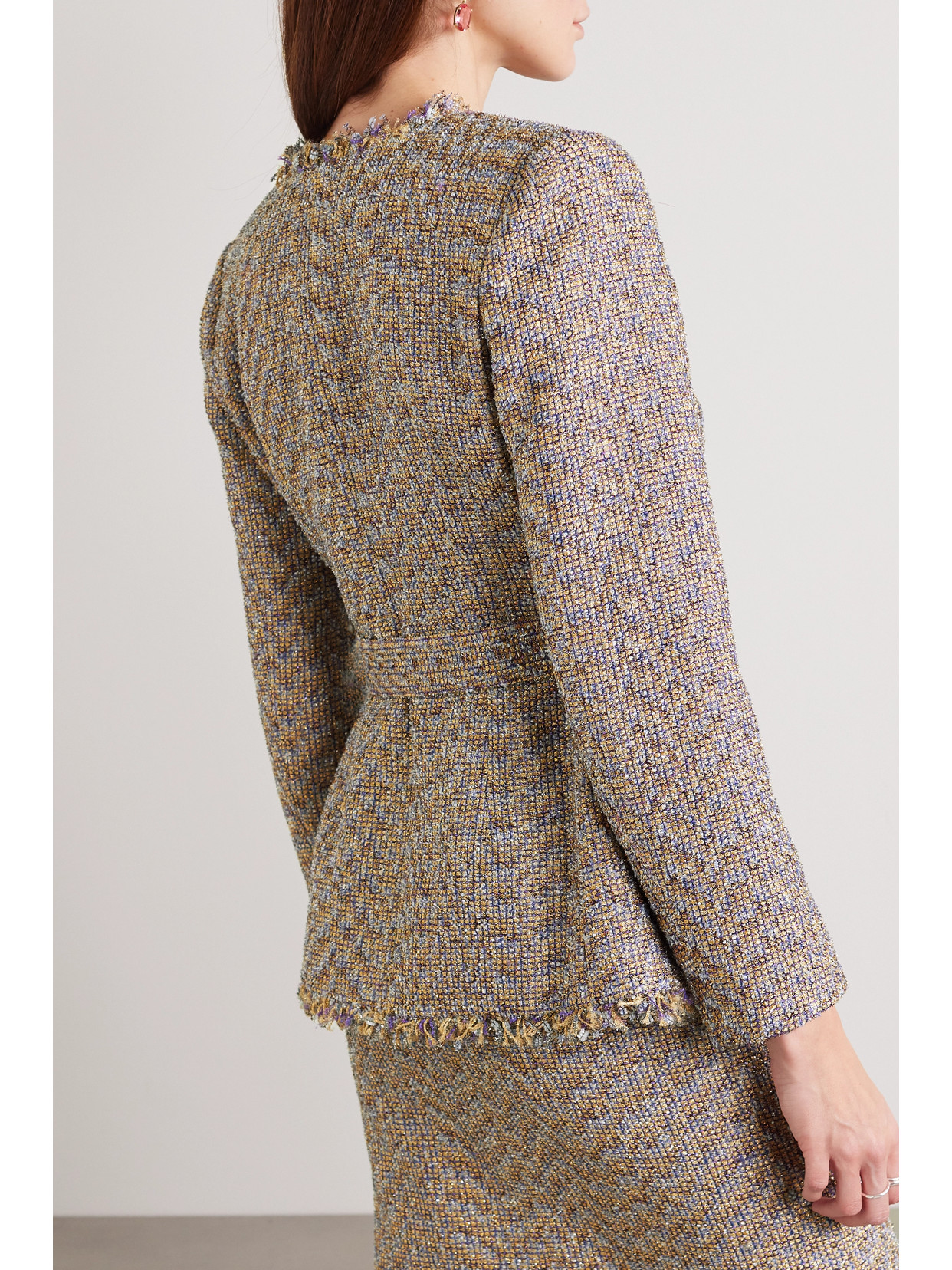 Huishan Zhang Leila Belted Fringed Metallic Tweed Jacket In Purple