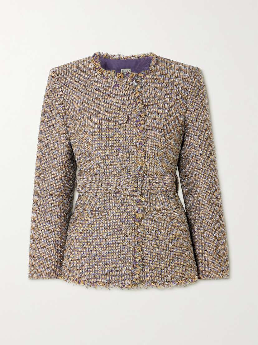 Huishan Zhang Leila Belted Fringed Metallic Tweed Jacket