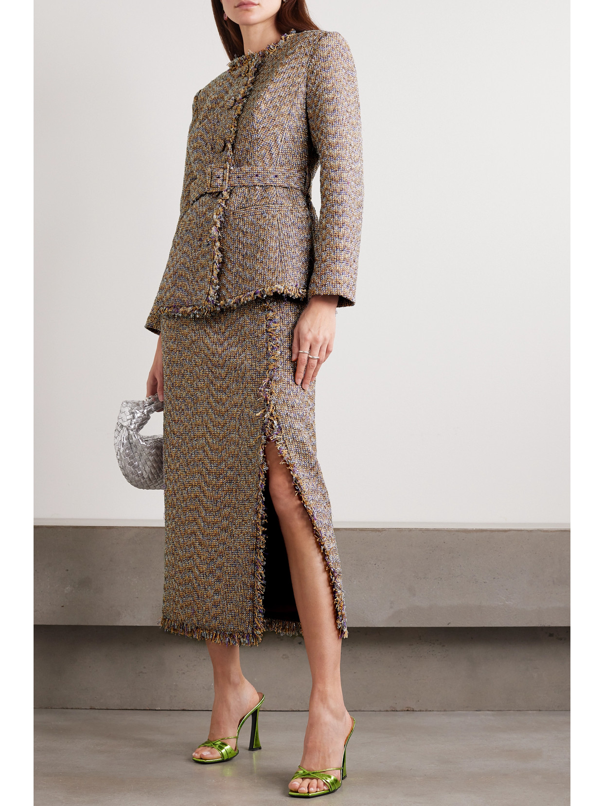Huishan Zhang Leila Belted Fringed Metallic Tweed Jacket In Purple