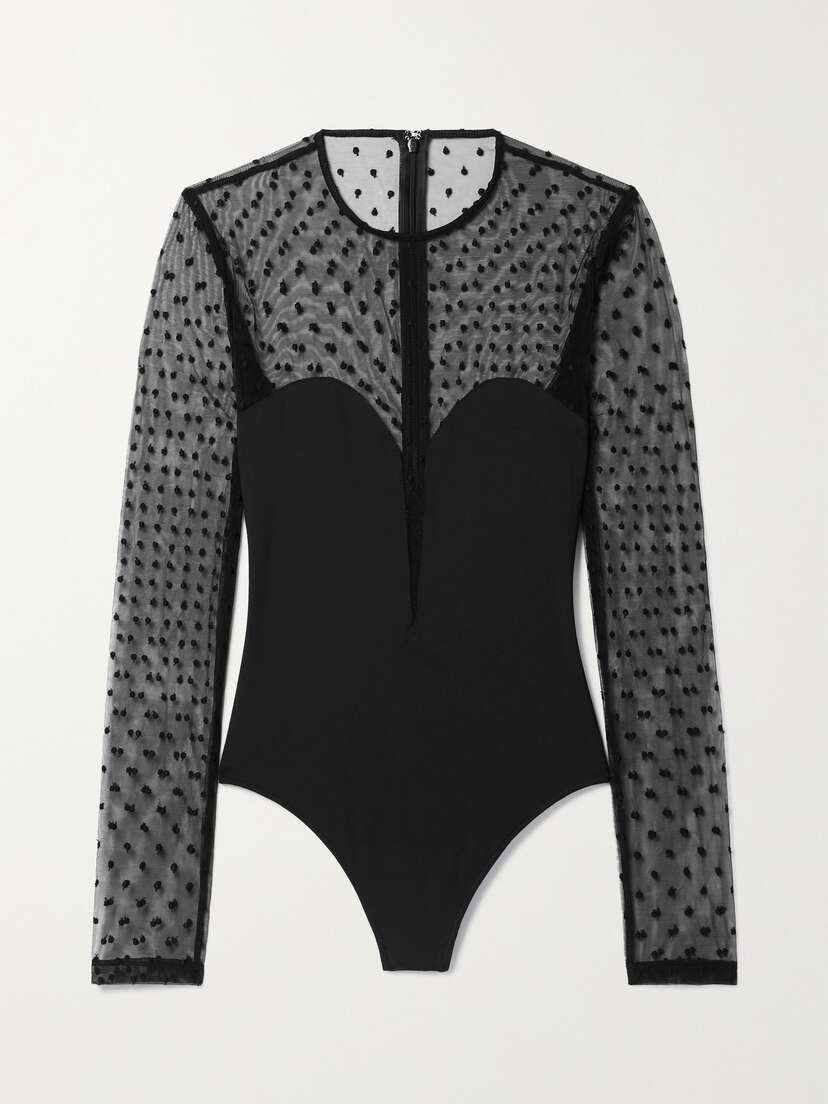 Fleur du Mal Point D'esprit Tulle And Stretch-jersey Thong Bodysuit