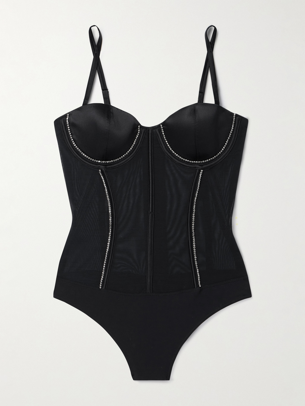 Fleur du Mal + Net Sustain Brilliant Silk-blend Satin-trimmed Stretch Recycled-jersey And Mesh Bodysuit - Black