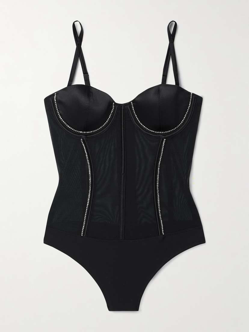 Fleur du Mal + Net Sustain Brilliant Silk-blend Satin-trimmed Stretch Recycled-jersey And Mesh Bodysuit