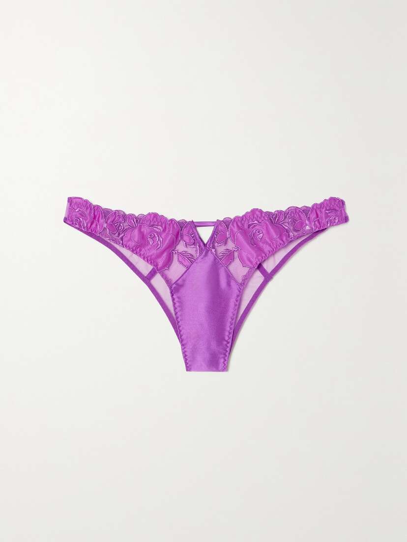 Fleur du Mal Cut-out Silk-blend Satin-trimmed Embroidered Tulle Briefs