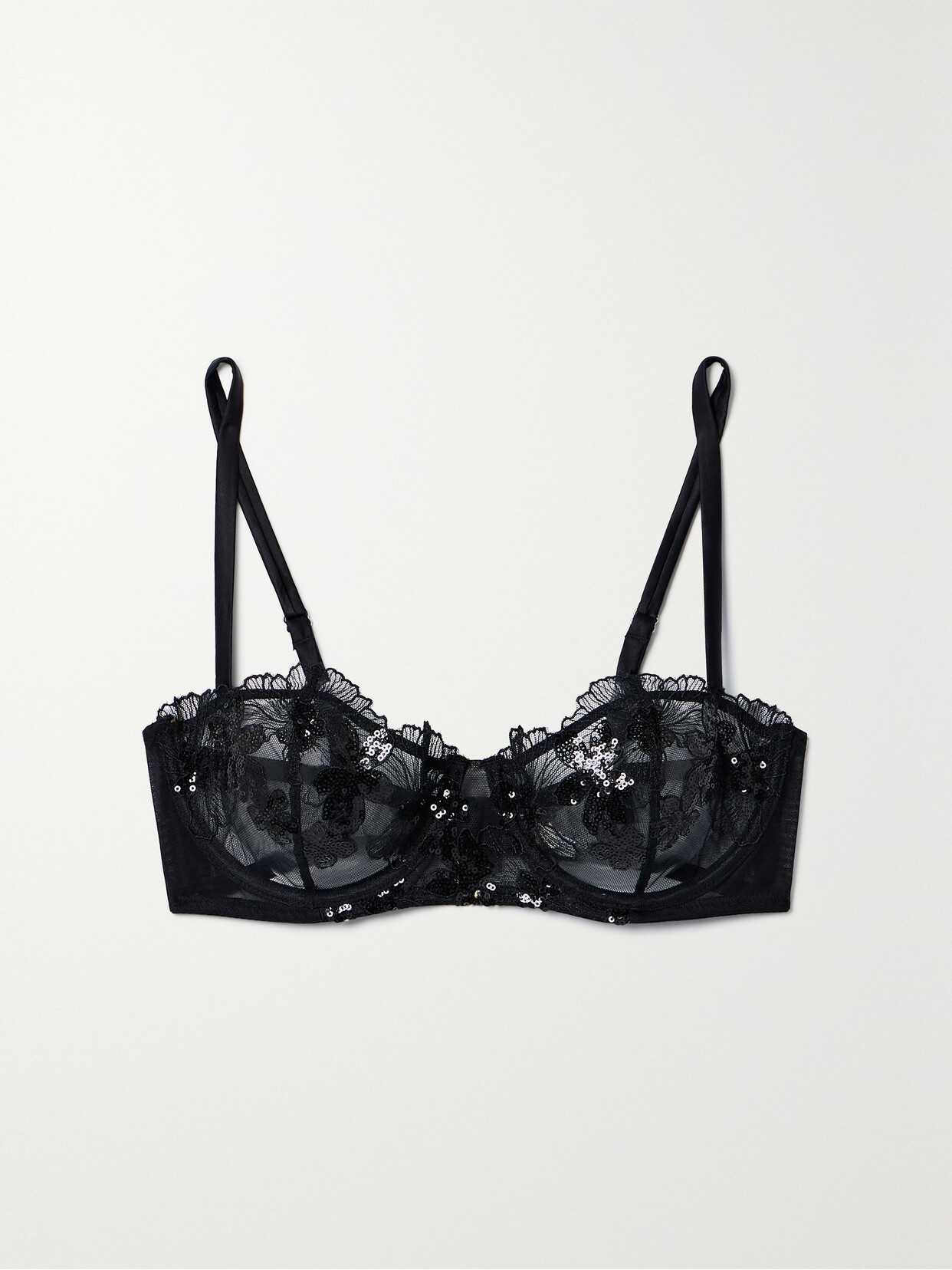 Fleur Du Mal Silk-blend Satin-trimmed Sequin-embellished Embroidered Tulle Underwired Soft-cup Bra In Black