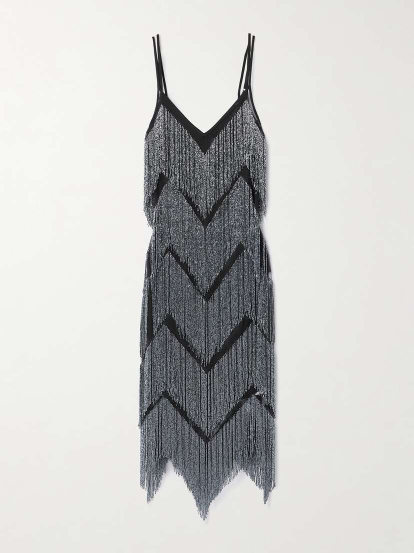 Fleur du Mal Bead-embellished Fringed Mesh Midi Dress