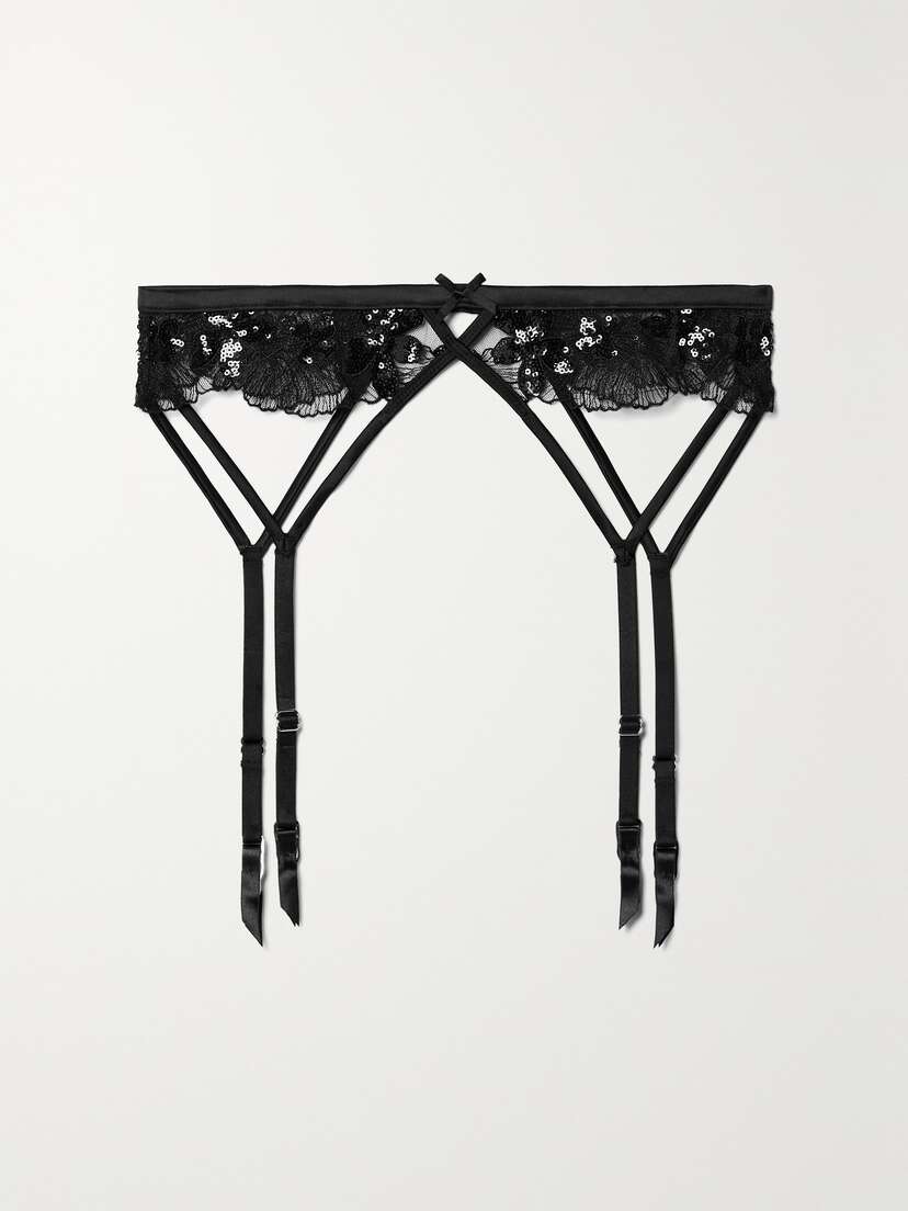 Fleur du Mal + Net Sustain Embellished Embroidered Recycled-tulle Suspender Belt