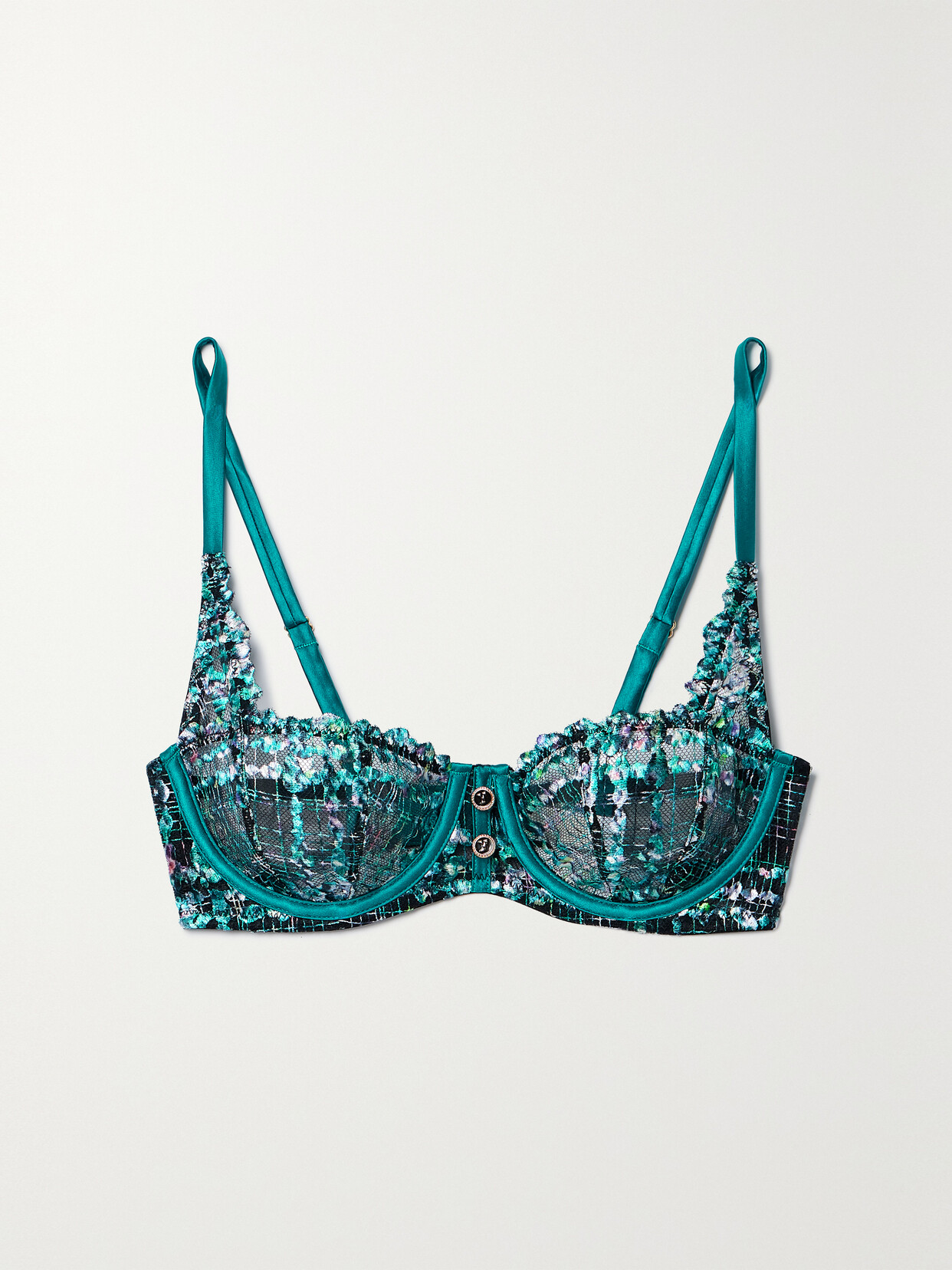 Fleur du Mal - Gabrielle Embellished Satin-trimmed Embroidered Tulle Underwired Soft-cup Balconette Bra - Blue