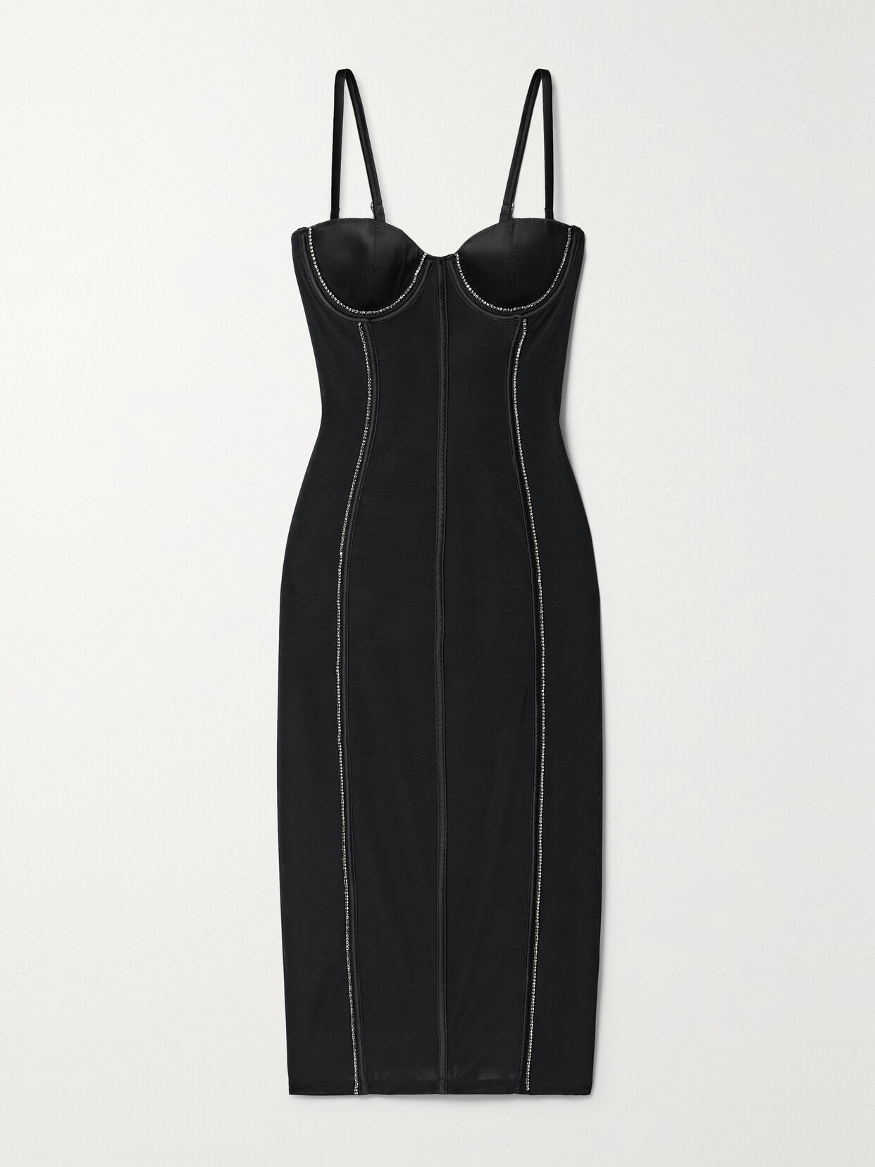 Shop Fleur Du Mal Brilliant Crystal-encrused Silk-blend Satin-trimmed Mesh Midi Dress In Black