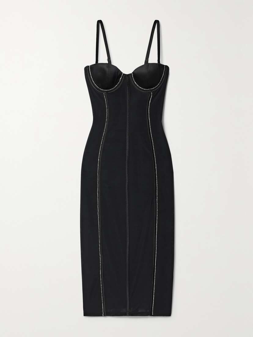 Fleur du Mal Brilliant Crystal-encrused Silk-blend Satin-trimmed Mesh Midi Dress