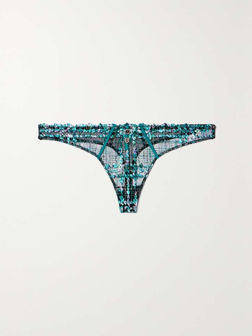 Fleur du Mal + Net Sustain Gabrielle Embellished Embroidered Recycled-tulle Thong