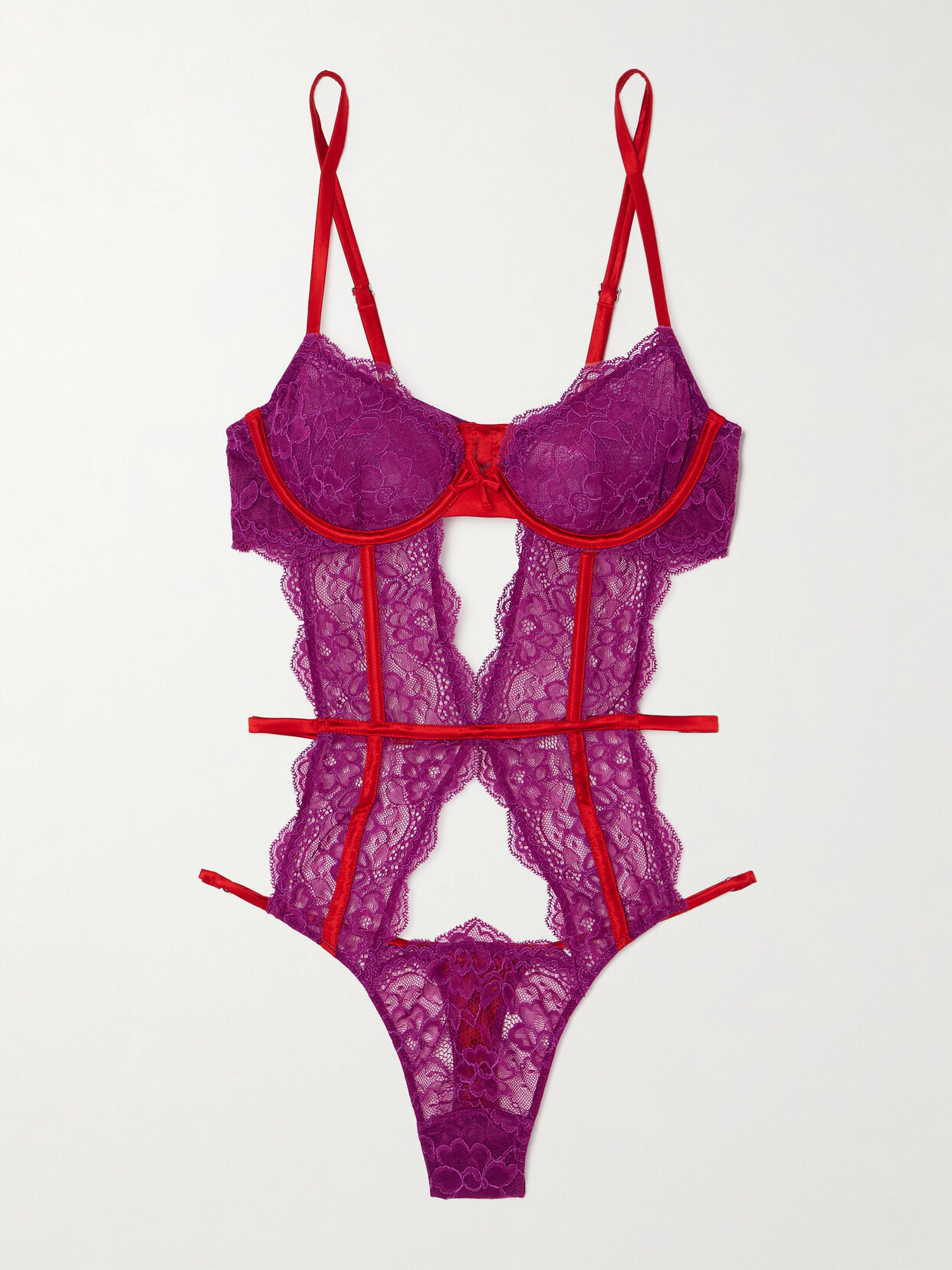 Fleur du Mal Naomi Silk-blend Satin-trimmed Cutout Stretch-lace Thong Bodysuit - Pink