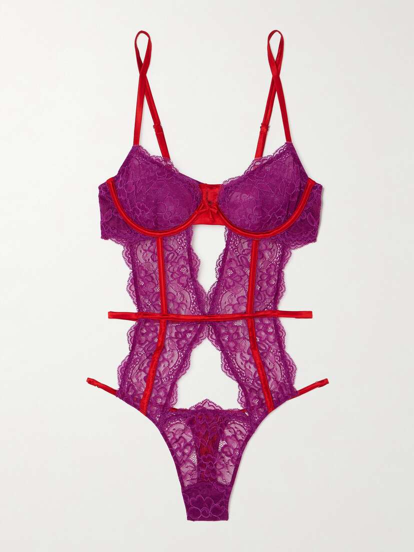 Fleur du Mal Naomi Silk-blend Satin-trimmed Cutout Stretch-lace Thong Bodysuit