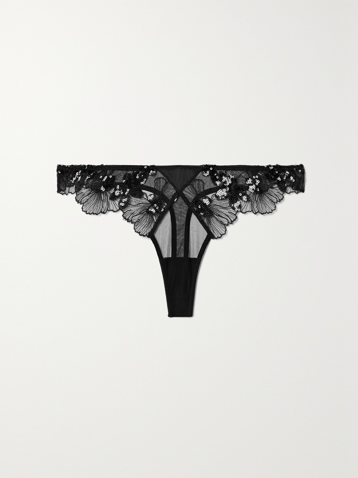 Fleur Du Mal Silk-blend Satin-trimmed Embellished Embroidered Tulle Thong In Black