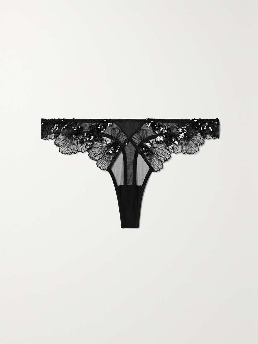 Fleur du Mal + Net Sustain Embellished Embroidered Recycled-tulle Thong