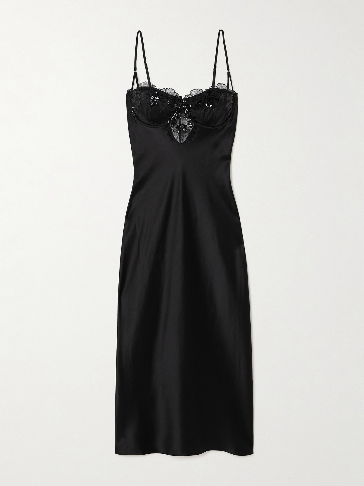 Fleur Du Mal + Net Sustain Sequined Embroidered Tulle-trimmed Stretch-silk Satin Chemise In Black