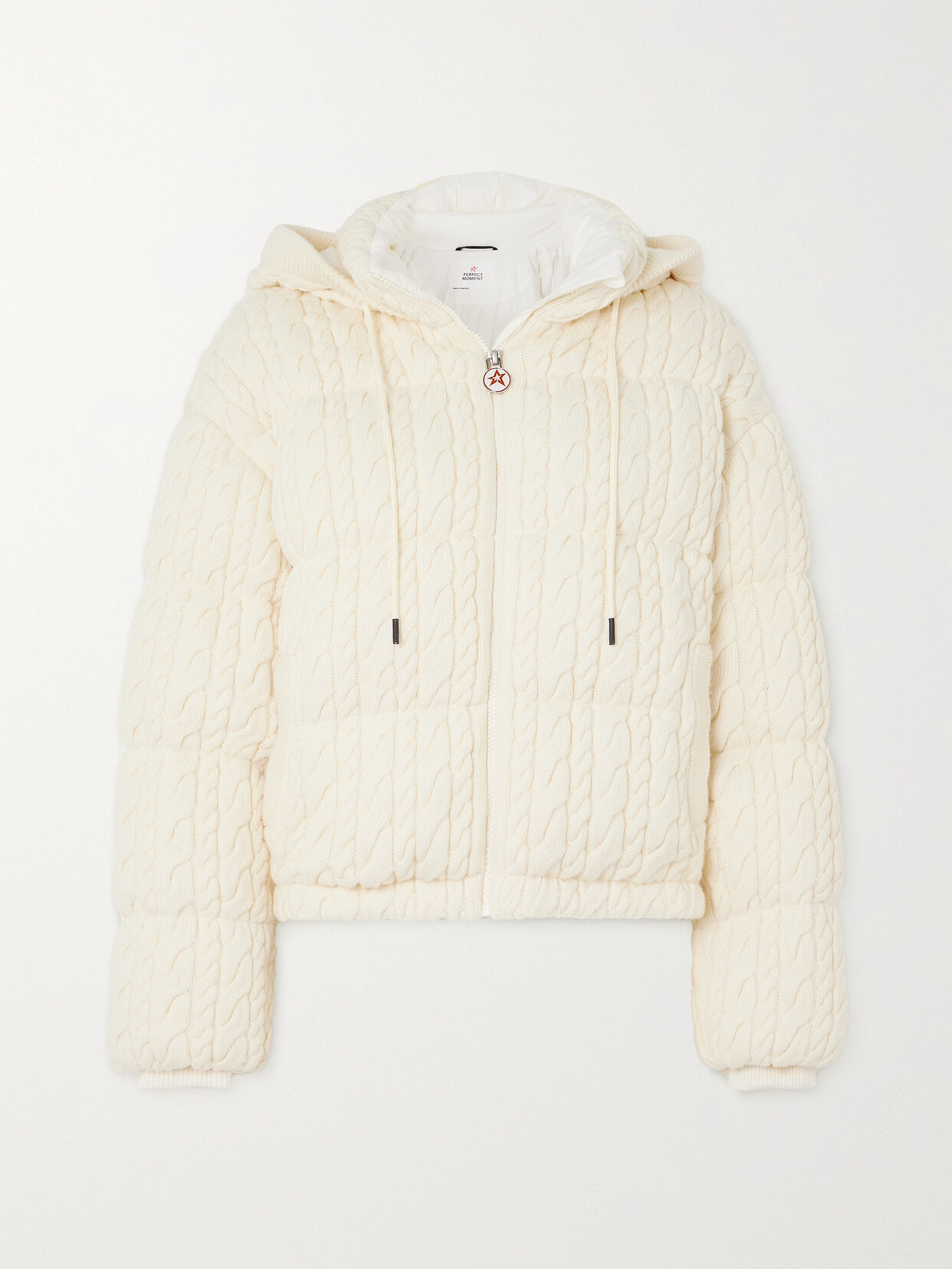 Shop Perfect Moment Kate Hooded Cable-knit Merino Wool Down Ski Jacket In White