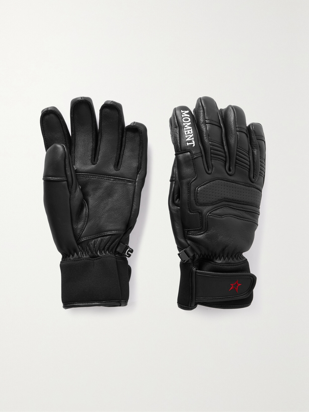 Shop Perfect Moment Embroidered Padded Leather Ski Gloves In Black