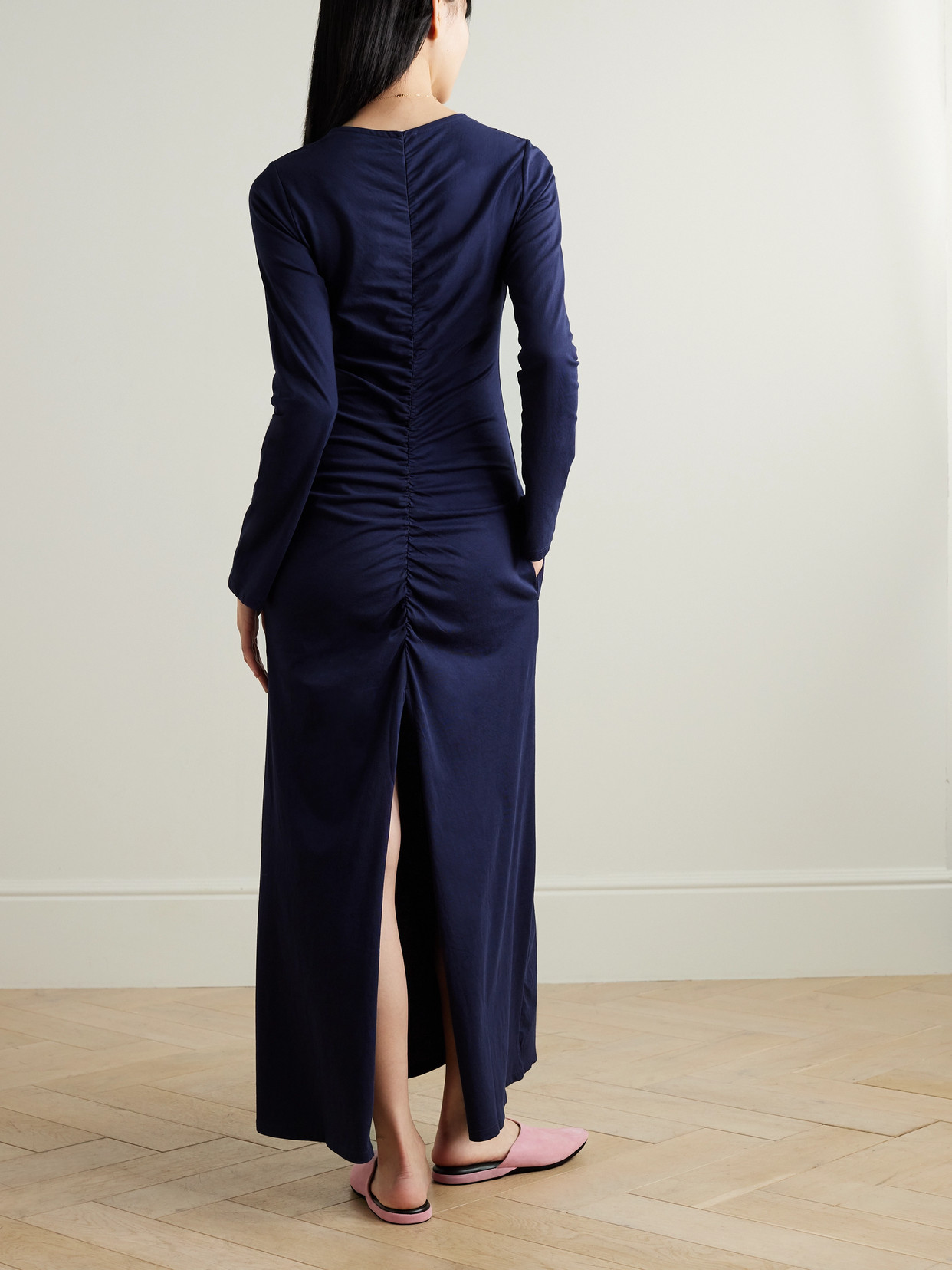 Skin + Net Sustain Collina Cutout Ruched Organic Pima Cotton-jersey Maxi Dress In Black