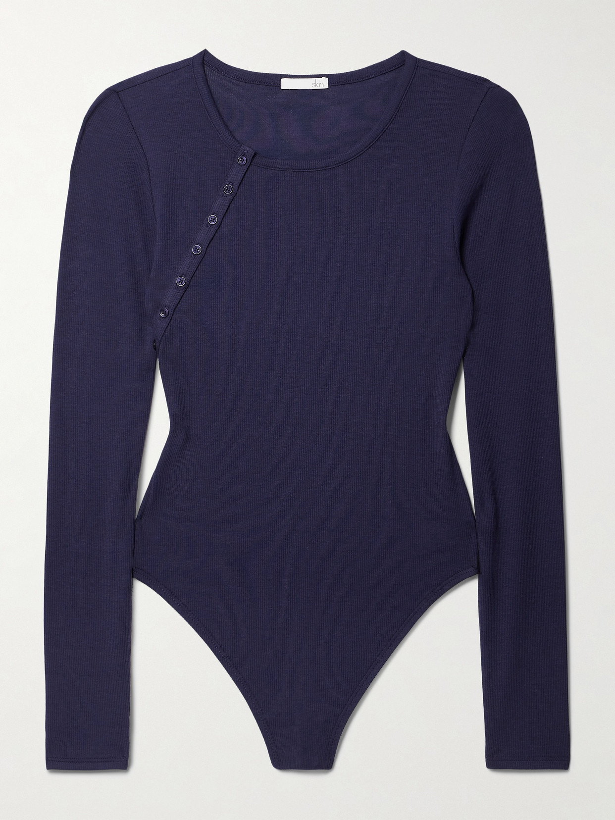 Skin Nan Asymmetric Stretch-pima Cotton And Modal-blend Thong Bodysuit - Blue