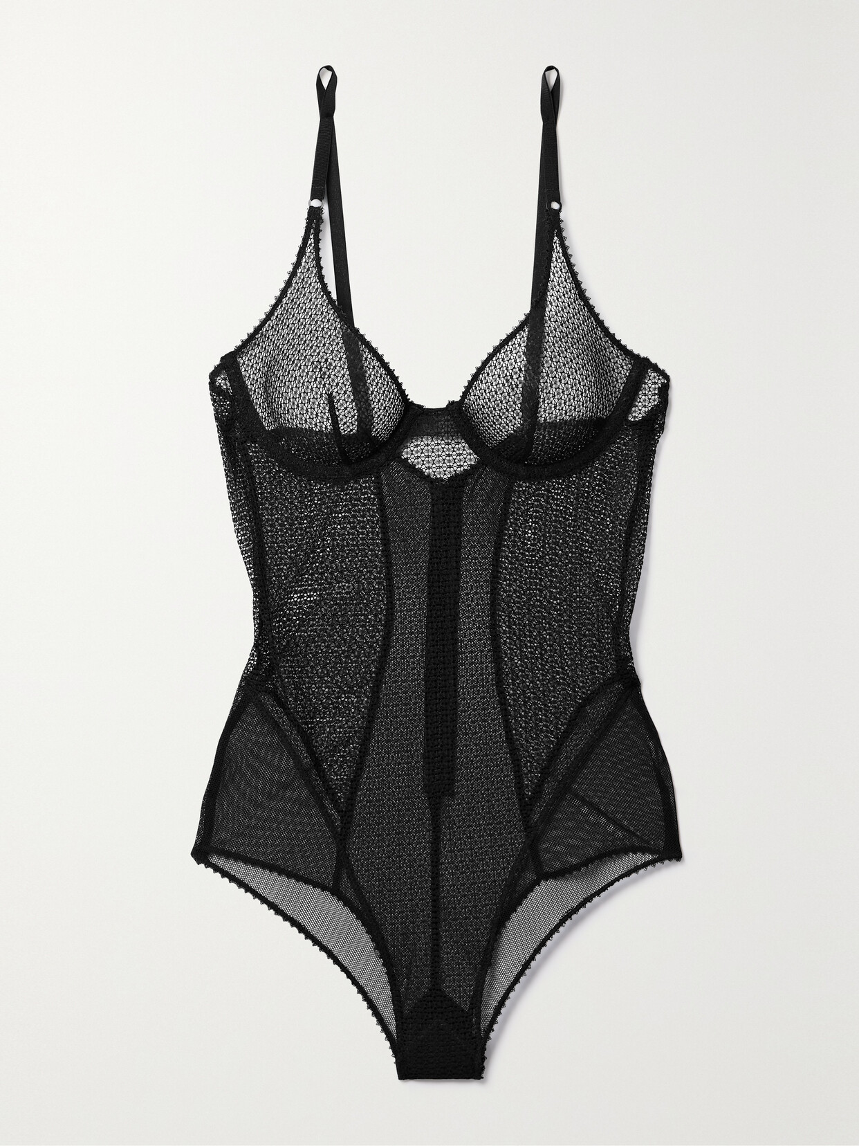 Kiki De Montparnasse Paneled Crochet And Mesh Underwired Bodysuit In Black