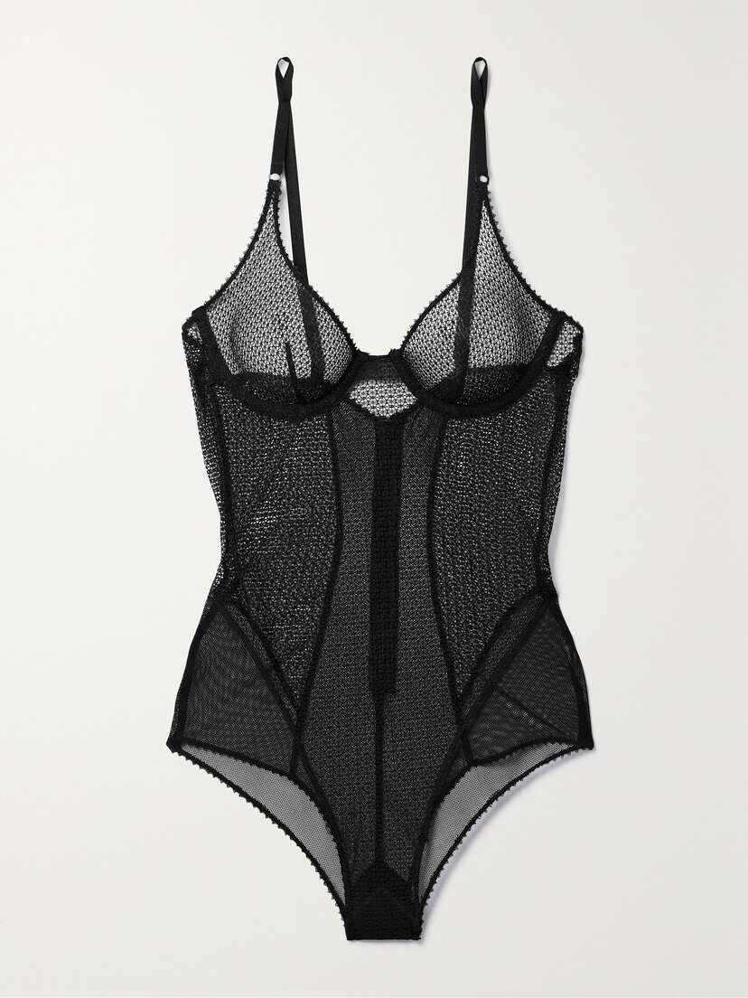 Kiki de Montparnasse Paneled Crochet And Mesh Underwired Bodysuit