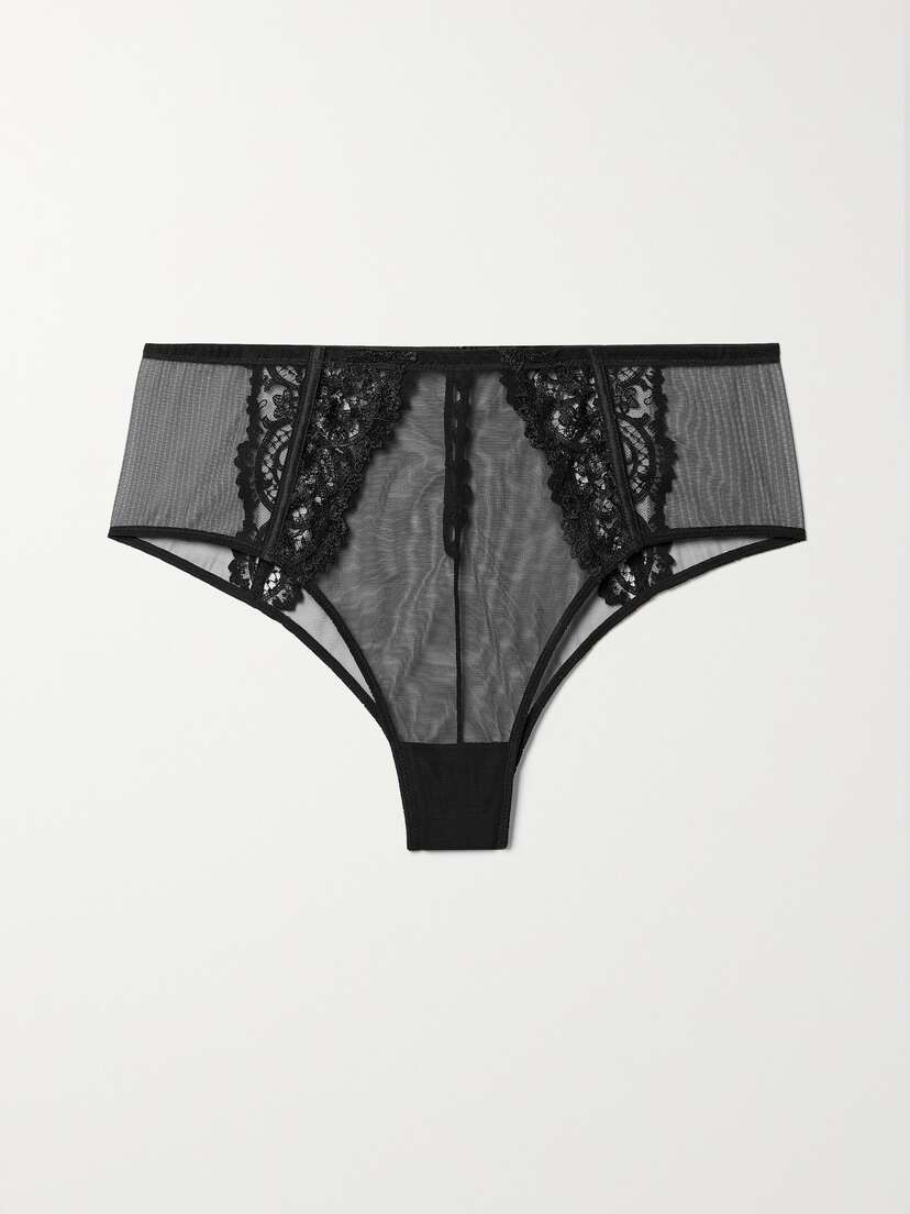 Kiki de Montparnasse Juliette Silk-blend Satin-trimmed Embroidered Tulle Briefs