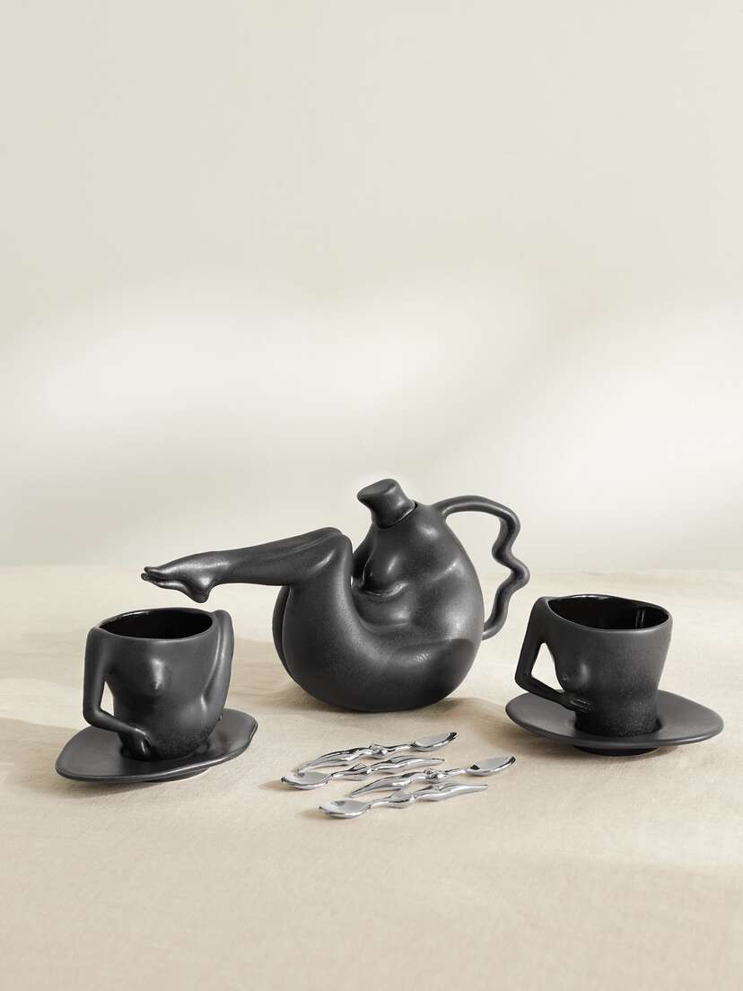 Anissa Kermiche Set Of Ceramic Teapot, Teacups And Saucers And Stainless Steel Teaspoons