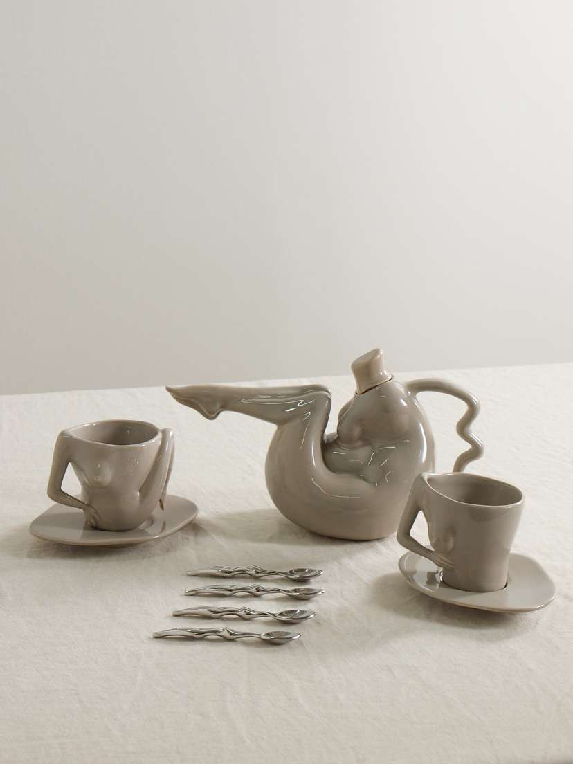 Anissa Kermiche Set Of Ceramic Teapot, Teacups, Saucers And Stainless Steel Teaspoons