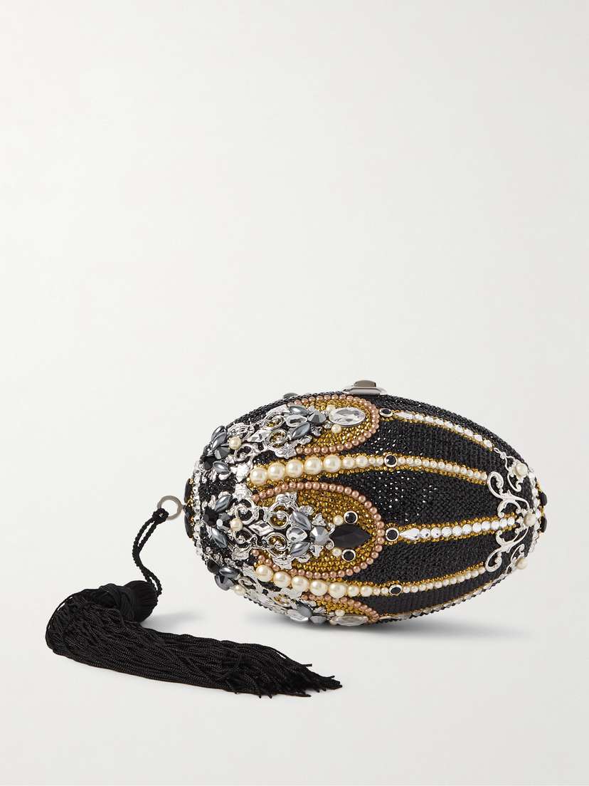 Judith Leiber Couture Tasseled Crystal And Pearl-embellished Silver-tone Clutch