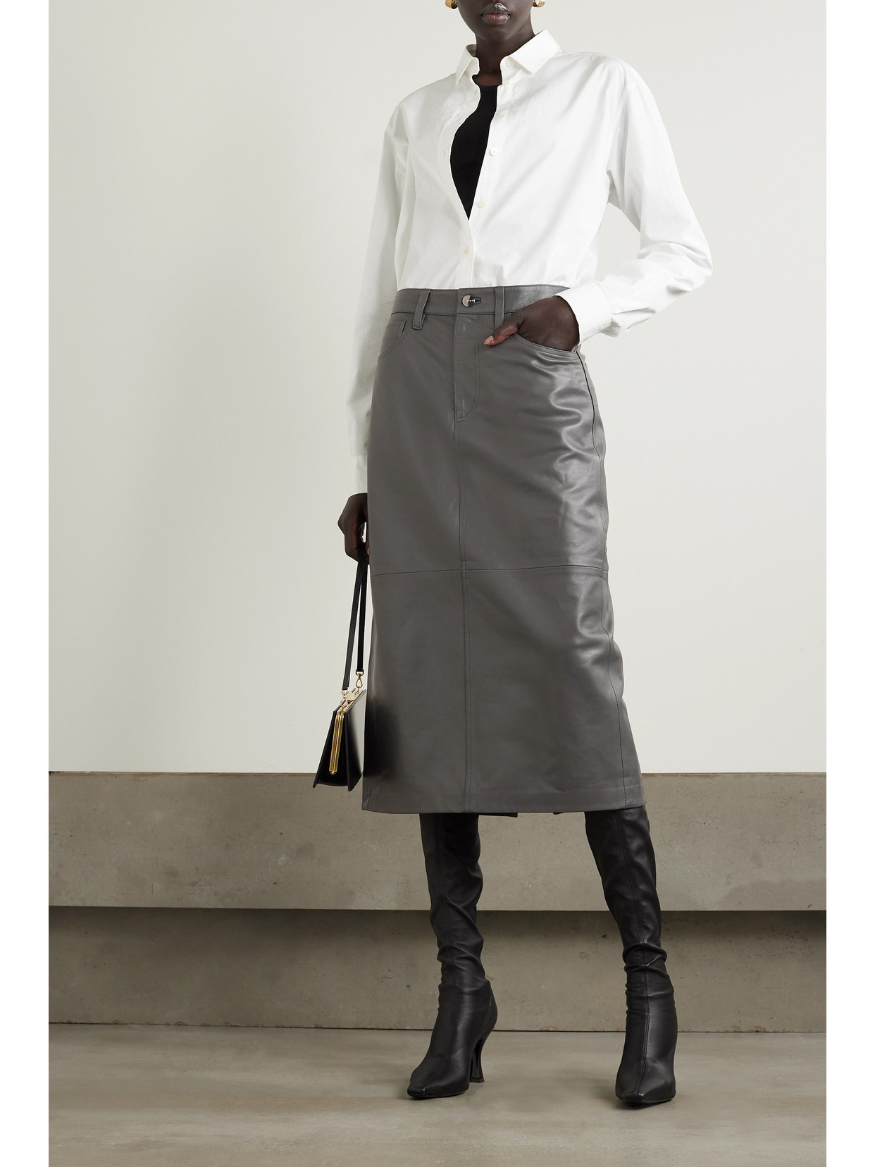 Shop Goldsign The Low Slung Leather Midi Skirt In Gray