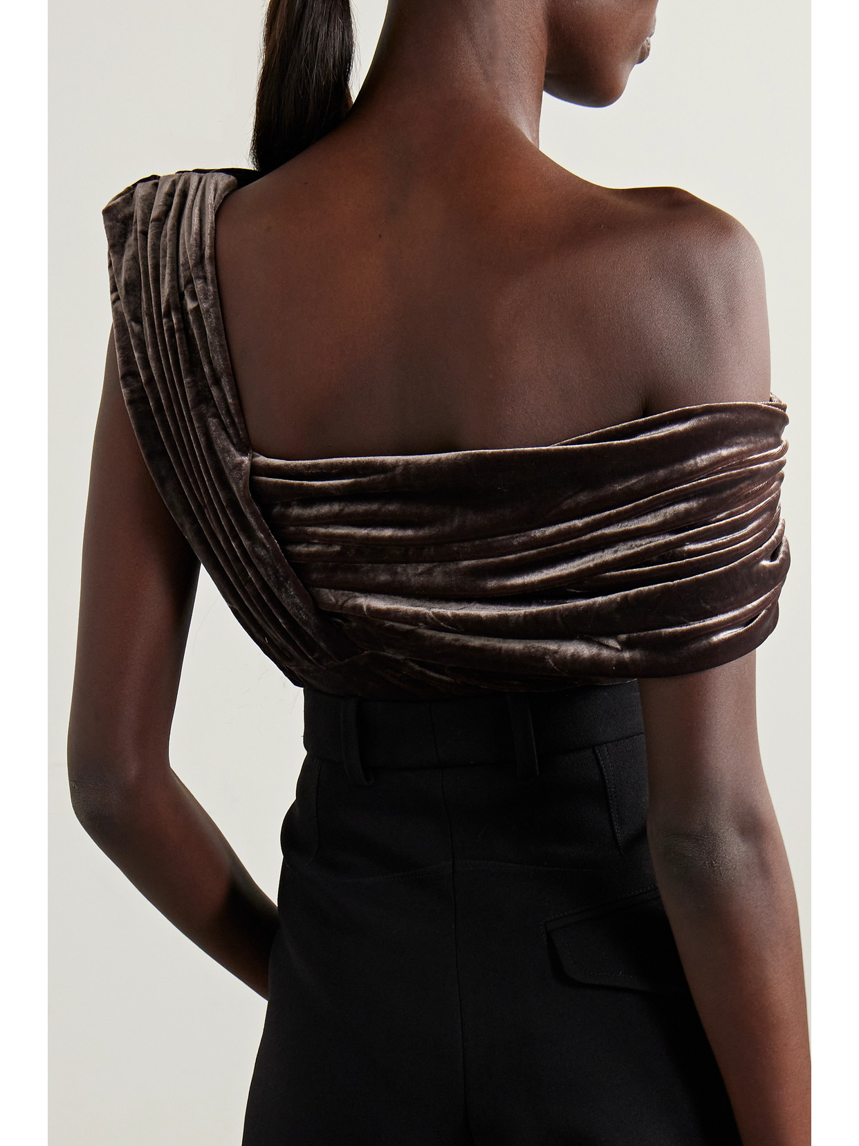 Goldsign The Tilson One-shoulder Gathered Stretch-velvet Bodysuit In Brown