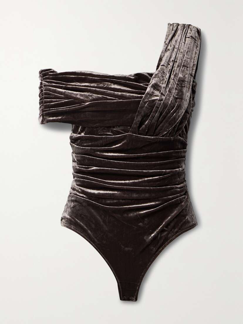 GOLDSIGN The Tilson One-shoulder Gathered Stretch-velvet Bodysuit