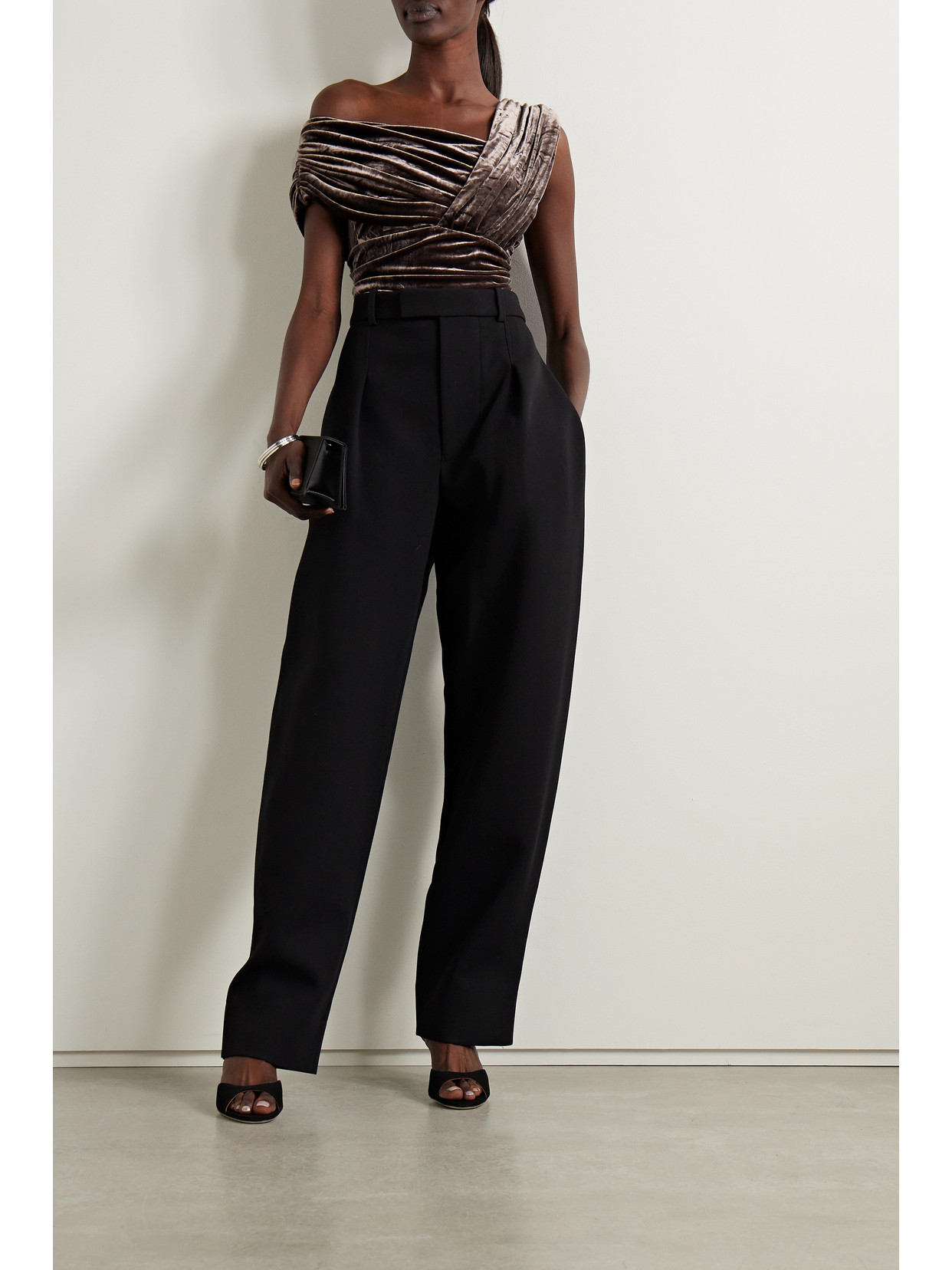 Goldsign The Tilson One-shoulder Gathered Stretch-velvet Bodysuit In Brown