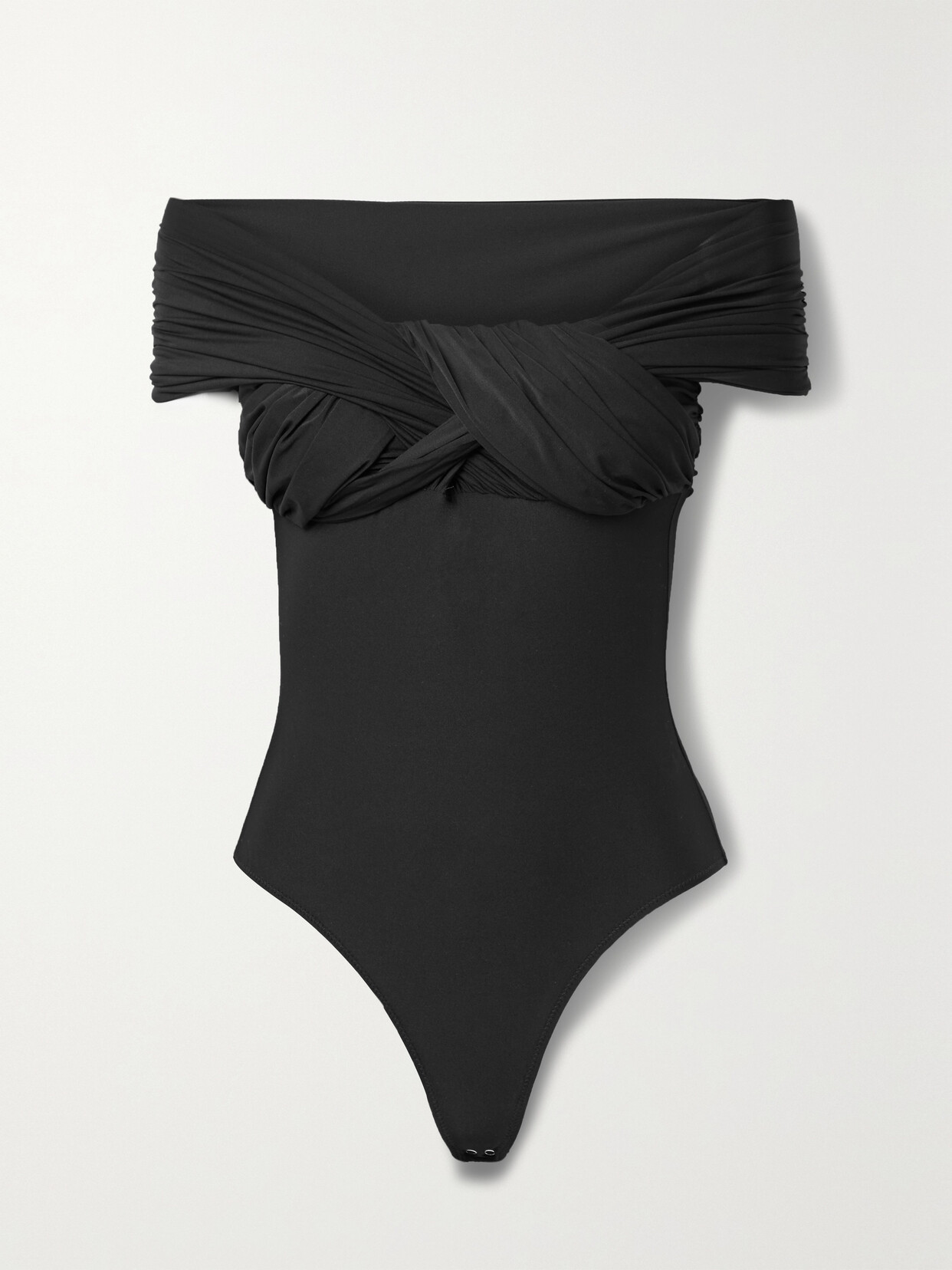 Goldsign The Odette Off-the-shoulder Twist-front Ruched Stretch-jersey Thong Bodysuit In Black