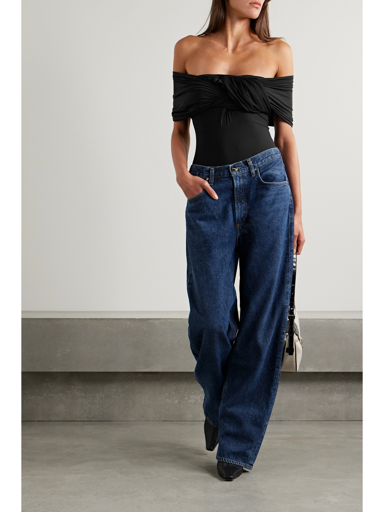Goldsign The Odette Off-the-shoulder Twist-front Ruched Stretch-jersey Thong Bodysuit In Black