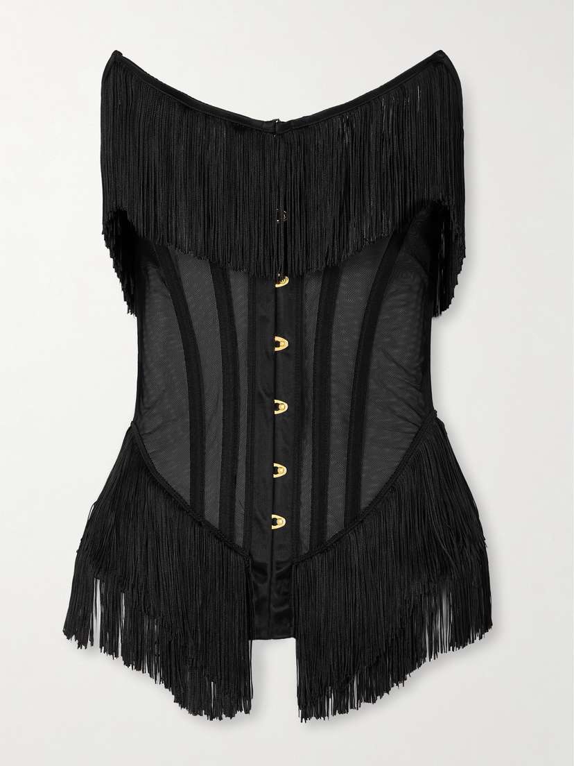 Agent Provocateur Drew Fringed Satin-trimmed Tulle Bustier Top