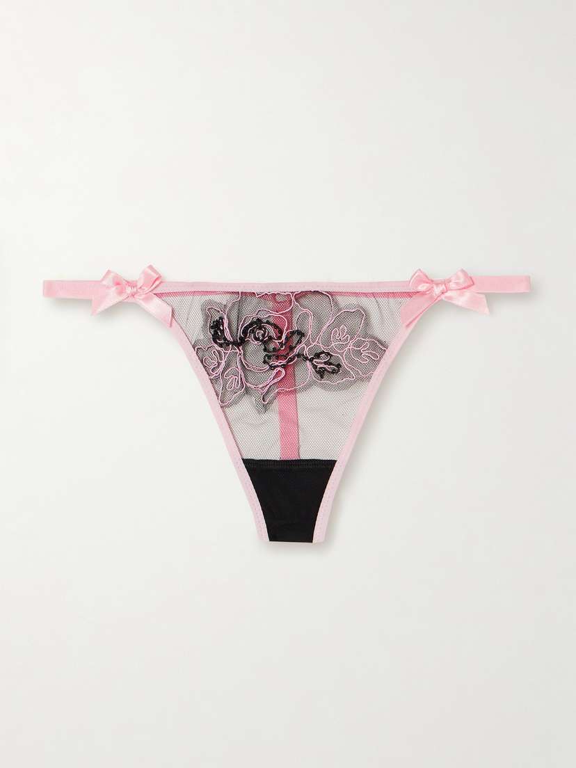 Agent Provocateur Lindie Satin-trimmed Embellished Embroidered Tulle Thong