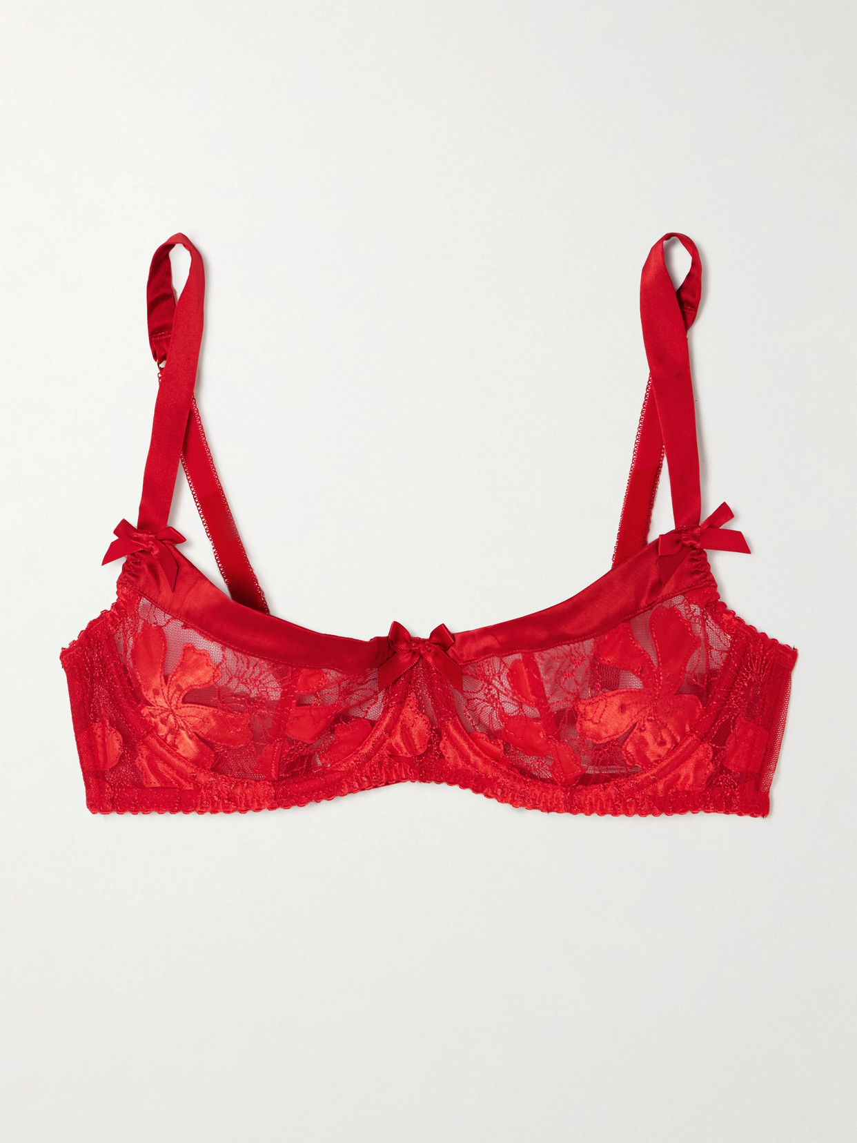 Agent Provocateur Ettah Embroidered Tulle And Satin Underwired Soft-cup Balconette Bra In Red