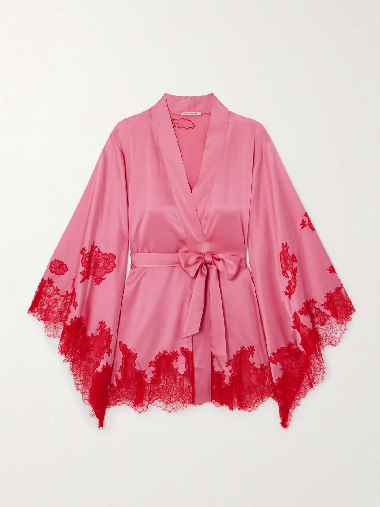 Agent Provocateur Christi Belted Leavers Lace-trimmed Silk-blend Satin Robe In Pink