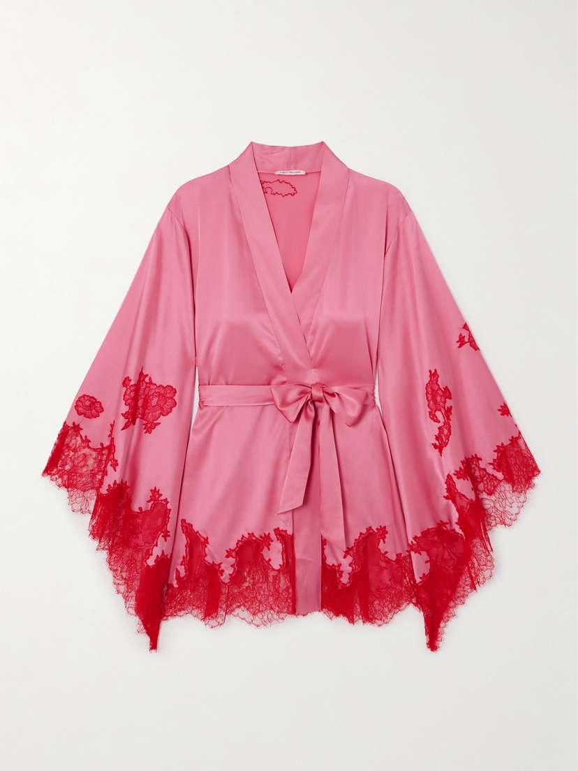 Agent Provocateur Christi Belted Leavers Lace-trimmed Silk-blend Satin Robe