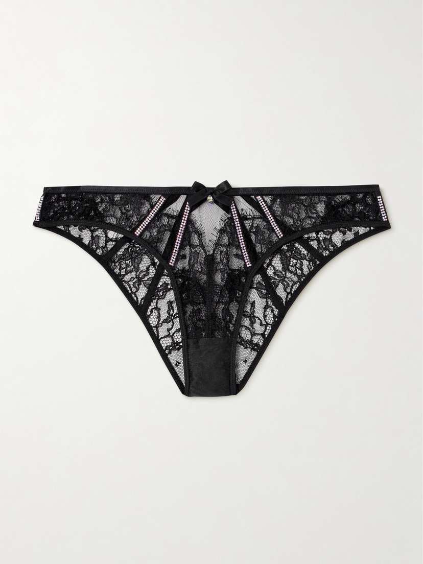 Agent Provocateur Caitriona Crystal-embellished Satin-trimmed Cutout Lace Briefs