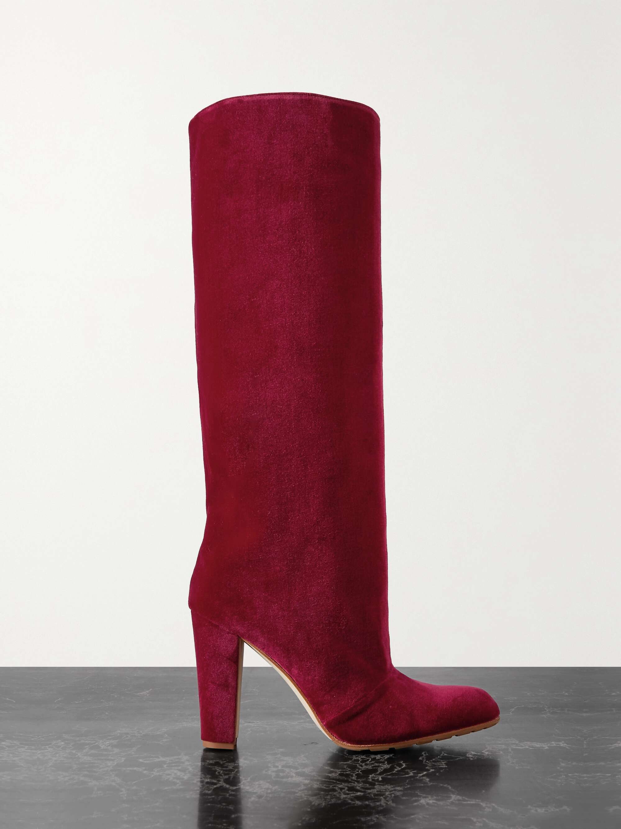 Burgundy velvet over the knee boots 2025